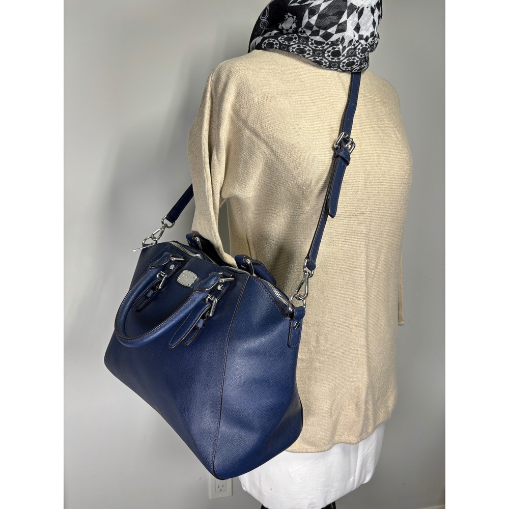 Michael Kors Ciara Satchel Navy Blue Saffiano Leather Crossbody Bag Silver